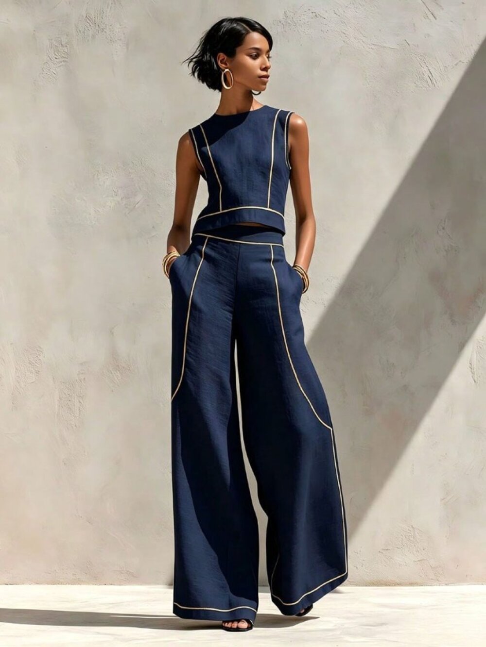 Navy Blue Elegant Women's Linen Sleeveless Vest Top & Wide Leg Pants Set - Picture 1 of 3